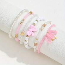 6-Pack Glass Rice Bead Imitation Pearl Soft Ceramic Handmade Bead Layered Bracelet Pink Series Women's Jewelry Cute And Sexy Versatile Vacation Y2K Bow Love Bracelet Set Stainless Steel Jewelry,  Items For Girls - 粉色 - 查看 3