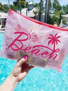 多色時尚沙灘包，印有「Beach」文字、棕櫚樹與太陽圖案。大容量透明化妝包，尼龍拉鍊，輕量，可收納防曬乳、比基尼與沙灘必需品。適合春夏，尼龍拉鍊盥洗包，輕量，可收納防曬乳、比基尼與沙灘用品。春夏收納，適合游泳、沙灘、潛水與夏季度假，學生返校，輕量防曬乳收納包，適合朋友、家人、好朋友、同學。完美禮物 - 彩色 - 查看 2