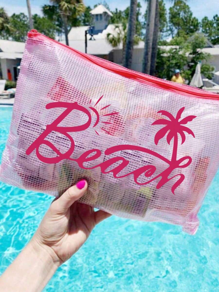 多色時尚沙灘包，印有「Beach」文字、棕櫚樹與太陽圖案。大容量透明化妝包，尼龍拉鍊，輕量，可收納防曬乳、比基尼與沙灘必需品。適合春夏，尼龍拉鍊盥洗包，輕量，可收納防曬乳、比基尼與沙灘用品。春夏收納，適合游泳、沙灘、潛水與夏季度假，學生返校，輕量防曬乳收納包，適合朋友、家人、好朋友、同學。完美禮物
