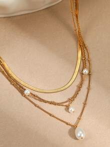1件时尚优雅仿珍珠吊坠项链，串珠蛇形链多层项链，适合日常、休闲、约会、度假、派对佩戴，是送给家人、朋友、生日、节日的完美礼物。 - 金色 - 查看 4