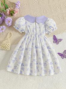 Summer Sweet Girls' Dress, Collar Lantern Sleeve Design, Floral Print Pattern, Bow Decor, Casual Fashionable Cute Girls' Dress, Suitable For Party, Dance, Daily Wear, Gift - Mauve Purple - View 2