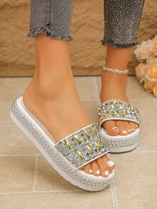 2026 New Rhinestone Embellished Thick Sole Wedge Slippers, Shiny Solid Color Unisex Crystal Sandals For Outdoor Wear, Spring/Summer - White - View 5