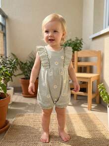 Infant Baby Girls Rompers Daisy Embroidery Stripe Crew Neck Ruffles Fly Sleeve Waffle Infant Bodysuits Jumpsuits - 綠色 - 查看 4