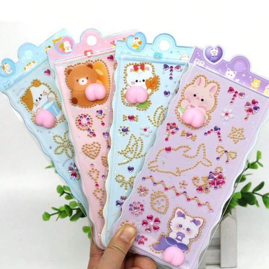 1/3/6/8 piezas Nuevos adhesivos de diamante 5D para niños Pegatinas decorativas de animales hechas a mano de gel suave, en varios tamaños - Multicolor - Ver 1