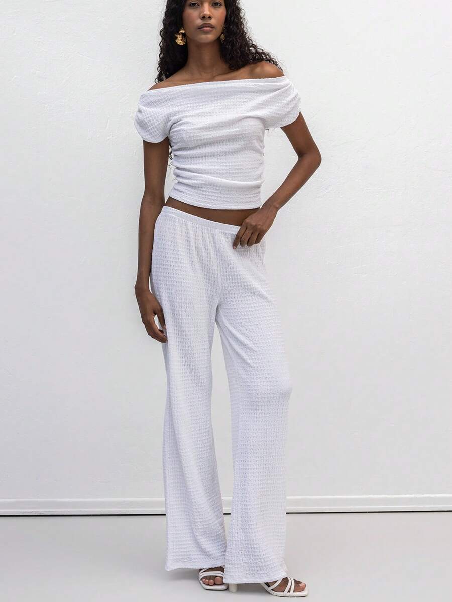Textured Wide Leg Trousers - Boho Casual High Waist Flowy Beach Pants - White - View 1