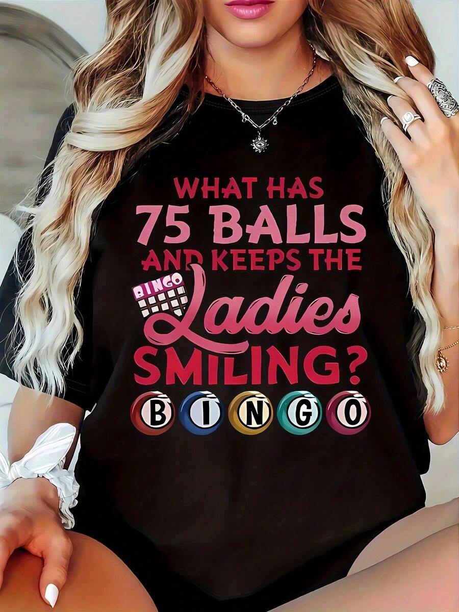 Playful Bingo-Themed T-Shirt For Women - Fun 'What Has 75 Balls And Keeps The Ladies Smiling?' Design, Vibrant Colors With Bingo Balls, Ideal For Game Nights And Casual Outings - A Unique Gift For Bingo Lovers And Friends! - 黑色 - 查看 1