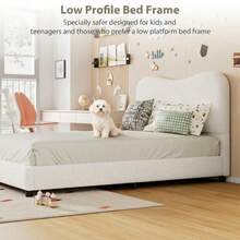 Beaully Cute Low Profile Platform For Children, Contemporary Velvet Upholstered Bed Frame With Headboard, Wood Slat Support, No Box Spring Needed, For Bedroom Dorm - 純白皇后 - 查看 4