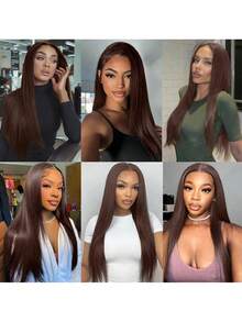 巧克力棕色直发蕾丝前假发，真人混纺发丝，13x4，180%密度，4号透明无胶蕾丝前假发，预先拔毛，8-36英寸（混纺假发 - 真人发丝和合成纤维混合）。真人混纺假发/女士真人混纺假发/真人混纺蕾丝前假发/无胶假发/漂白发结/预先拔毛/蕾丝假发/提升您的造型/增强自信/完美礼物 - S4 - 查看 5