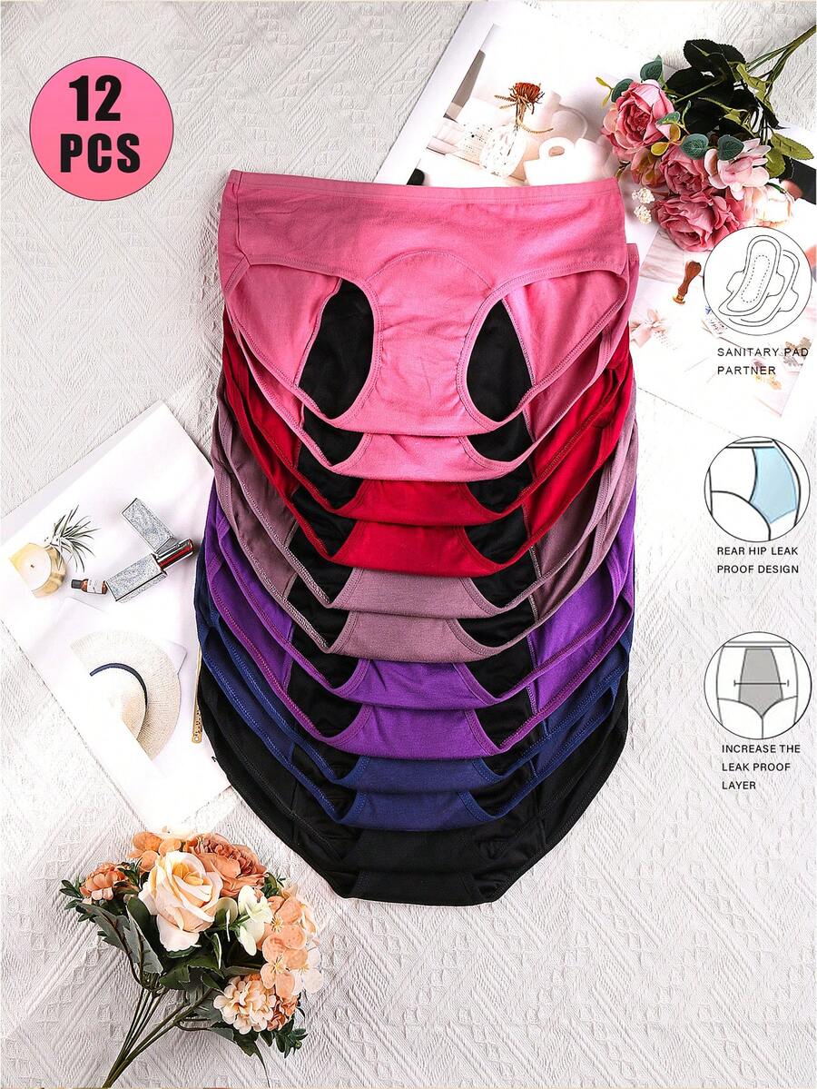 12 Pieces Of Women's Comfortable Solid Color Underwear - Leak Proof, Breathable, Super Absorbent Menstrual Underwear, Suitable For Menstrual Cycles - Soft, Elastic, Skin Friendly Fabric, All Day Comfortable Women's Underwear - 彩色 - 查看 1