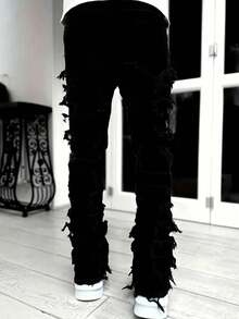 Plus Size Men's Elastic Patchwork Cat Whisker Distressed Slim Fit Flare Jeans - Black - View 2