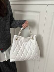 大容量时尚手提包，绗缝刺绣设计，柔软链条肩背/斜挎包，适合女性 - 彩色 - 查看 12