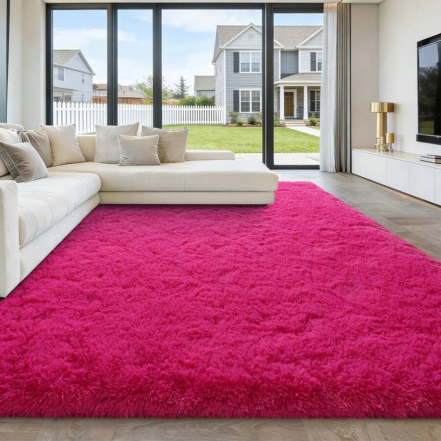 1pc Soft Peony Pink Shaggy Decorative Carpet, Fashionable Home Decor, Plush Skin-Friendly Material, Soft Long Pile, Non-Slip Bottom, Low Shedding, Easy Care, Thick Durable Carpet, Suitable For Bedroom, Living Room, Hallway, Study, Vanity Room, Closet, Balcony, Office, Etc. - Hot Pink - View 1