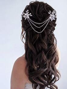 1pc Bridal Leaf & Pearl Hair Comb, Versatile Minimalist Handmade Hair Accessory - Silver - View 5