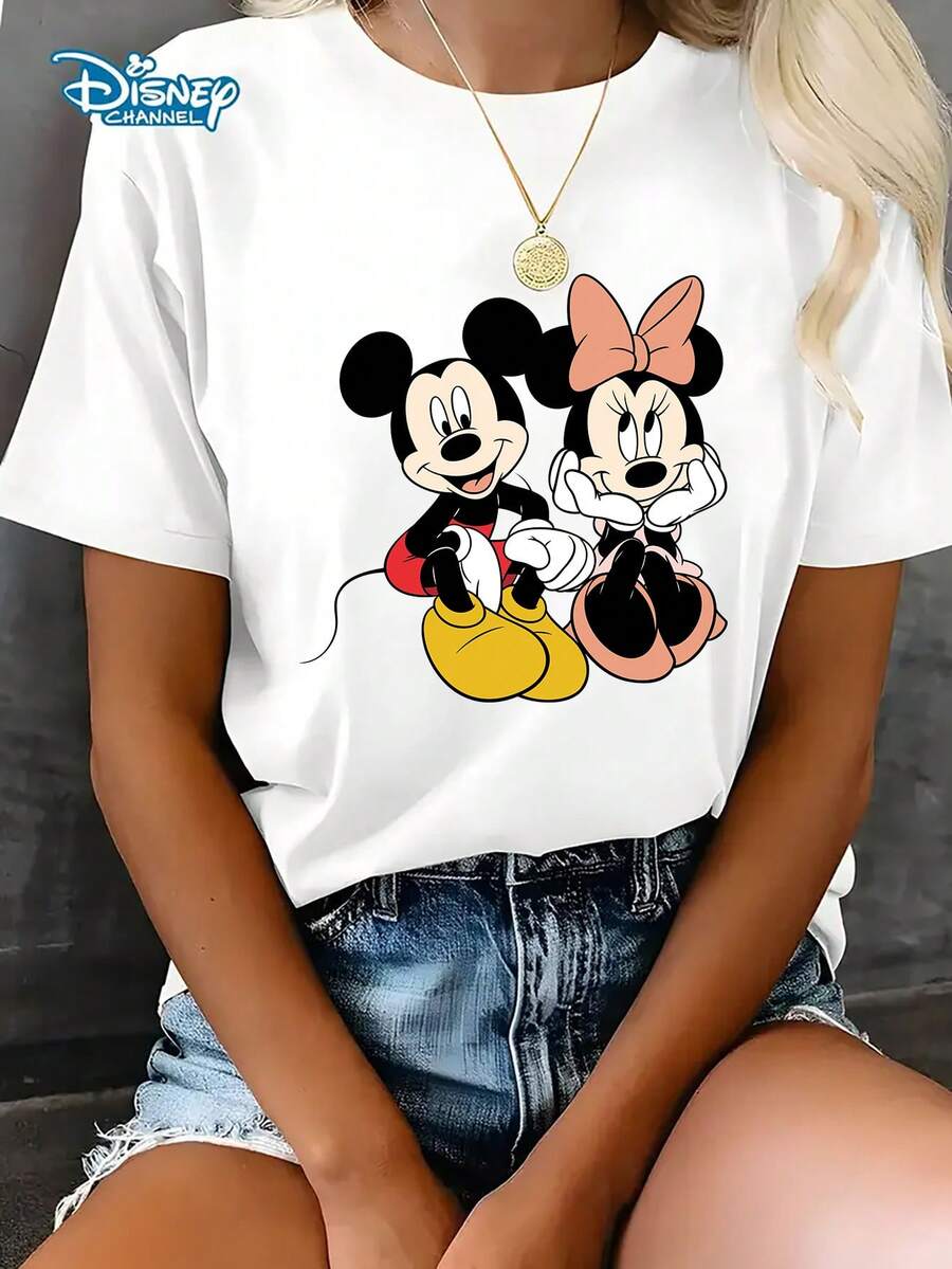 Disney Circle Directed Mickey And Minnie Print T-Shirt, Short Sleeved Round Neck Casual Top, Suitable For Summer And Spring, Women's Clothing - trắng - Xem 1