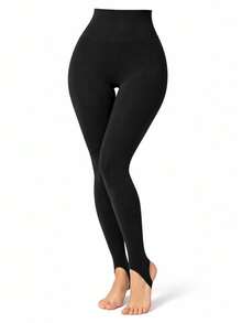 Thermal Leggings With Foot And High Waist Flannel Autumn Winter High Compression - Black - View 8