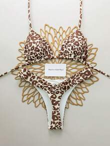 Set de 2 piezas Bikini de traje de baño con estampado de leopardo, sexy y con cordones en la espalda, adecuado para la playa, actuaciones en el escenario y vacaciones de verano - Marrón - Ver 5