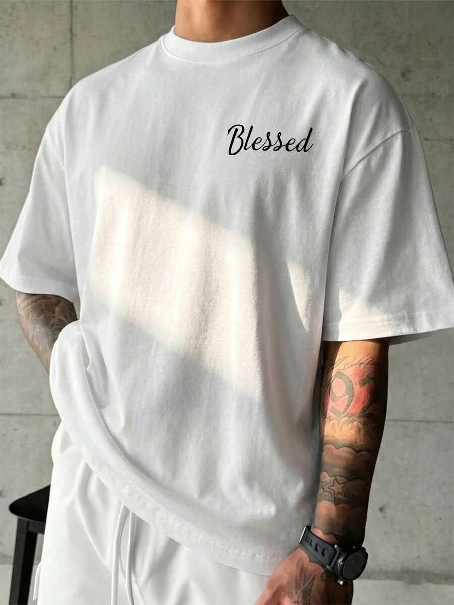 Camiseta de manga corta con estampado gráfico de lema en inglés casual y versátil para hombres Zrgoth - Blanco - Ver 1