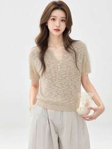 Alicedudu Women's Casual Loose Knit Short Sleeve Top, Summer - Beige - View 5