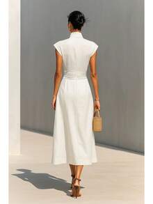 Womens Sleeveless Stand Collar High Waisted Wide Leg Jumpsuit With Pockets - 白色 - 查看 2