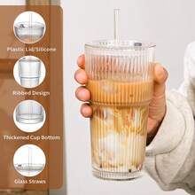 1pc 600ml Glass Cup With Lid And Straw, Vertical Stripe Pattern, Suitable For Drinking Water, Juice And Iced Coffee - Multicolor - View 10