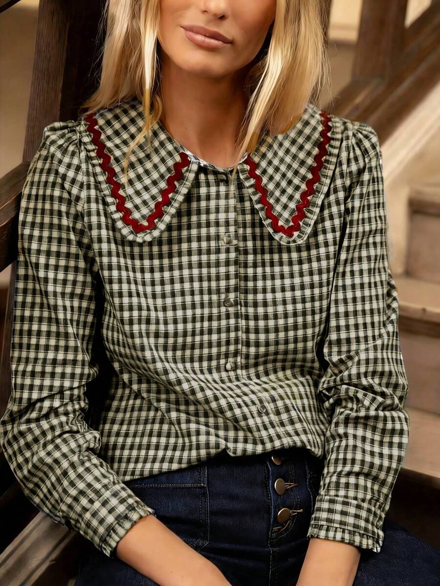 Camisa de manga larga con botones, cuello y ribete de contraste a cuadros, para primavera - Cuadros blancos y negros - Ver 1