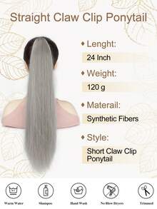 24 Inch Long Straight Hair Ponytail Clip-In Synthetic Fiber Natural Look Ponytail Extension, For Daily Use - Light Grey - View 2
