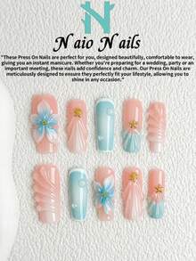 NAIO 10pcs/Set Spring And Summer Handmade Press On Nails Coffin/Almond/Short Square Nail Tips, Y2K Baddie Style, Nude, Blue, White Color With French Edge, Blue Gradient, Shell Pattern, Wave Pattern, Dew, Embossed Flowers, Starfish Metal Rivet Decoration Cream Texture, Suitable For Women And Girls, Party, Daily Wear, Comes With Tool Kit, Great Gift For Ladies Nails Nail Supplies - Multicolor - View 2