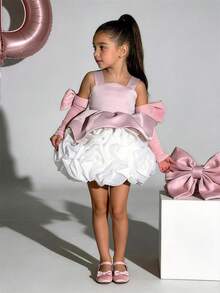 Young Girl Colorblock Bow Mesh Party Dress, Suitable For Birthday, Wedding, Flower Girl, Prom, Holiday Celebration - Pink - View 2