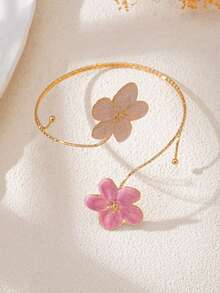 1pc Pink & White Enamel French Floral Arm Cuff | Gold-Tone Feather Arm Bracelet | Summer Beach Resort Jewelry - Pink - View 4