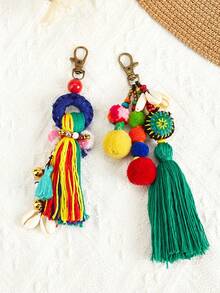1PC Bohemian Style Hand Woven Rainbow Fringe Keychain Pendant, Wooden Carved Coconut Shell Five Pointed Star Turtle Keychain, Suitable For Party Gifts - Multicolor - View 3