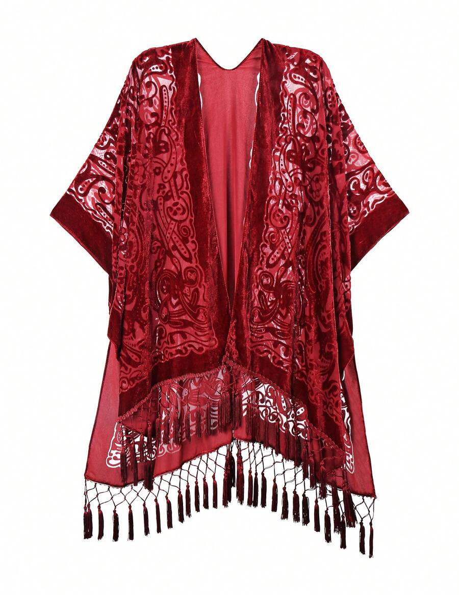 WeHello Women's Boho Burnout Velvet Kimono Long Cover Up With Tassel Casual Cardigan Shawl Flowy Fabric Beachwear Suit Womenswear Clothes Swimwear Coverups SpringStatements - 中紫紅色 - 查看 1