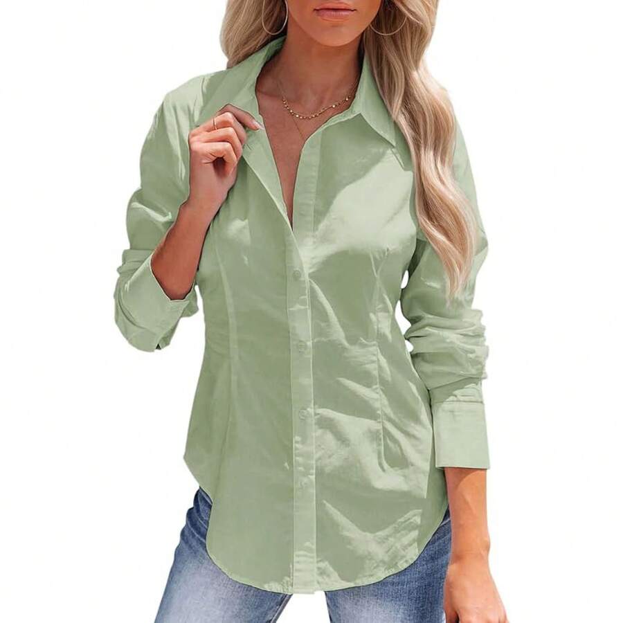Women's Button-Up Shirt, Long-Sleeved, Solid Color, Versatile, Office-Style, Elegant Blouse - Yellow-green - View 1