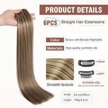 FLUFYMOOZ 6PC Extensiones de Cabello con Clip, juego de 6 extensiones de cabello con clip, 61, lisas, largas, extensiones para mujeres, postizo sintético (Marrón con reflejos rubios) - Negro - Ver 7