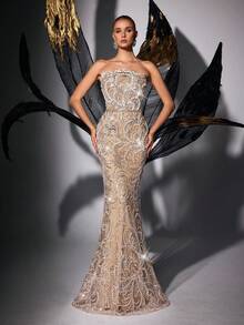 LUVISTRUE Women Romantic Glamorous Sleeveless Mermaid Formal Evening Gowns Slit Wedding Guest Prom Homecoming Cocktail Party Graduation Gala Maxi Dresses - Champagne - View 6