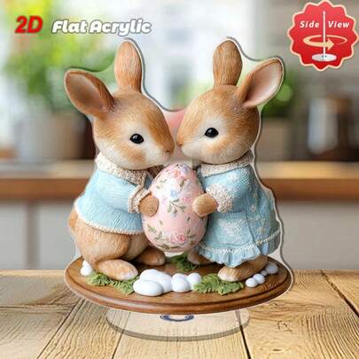 1件2D亚克力旋转桌面摆件，包含2个兔子造型和1个花蛋造型，适合时尚家居装饰或节日场合，如复活节房间装饰。