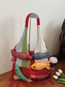 1pc Colorblock Fish Design Large Capacity Shoulder Tote Bag, Crochet Bohemian Style Beach Vacation Everyday Bag For Women - Red - View 5