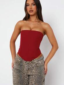 Women Summer Flowy Tube Top Y2k Solid Color Strapless Off The Shoulder Loose Fit Babydoll Bandeau Crop Tops Backless Sleeveless Going Out Tops Vests Shirts Casual Streetwear - 綁帶抹胸-紅色 - 查看 2