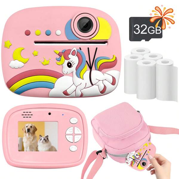 Einhorn Sofort-Druckkamera für Kinder | Front- und Rückkameras erfassen den Spaß sofort in 1080P HD | 2,4" Bildschirm tragbare digitale Kamera für Kinder mit tintenfreier Drucktechnologie | inklusive Rollen Fotopapier | Drucken und teilen Sie Erinnerungen sofort | Weihnachten, Musikfestival, Hochzeit und Halloween Geschenk für Jungen und Mädchen im Alter von 3-12 Jahren (Pink)