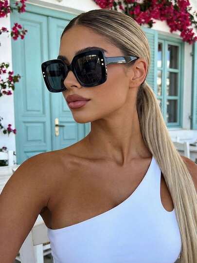 Retro Square Large Frame Black Fashion Fashion Glasses For Women, Classic Plastic Outdoor Travel Beach Vacation Casual Decoration Daily Wear, Summer UV Protection