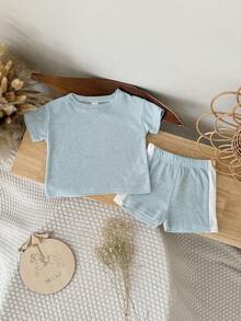 2 st/set baby pojke/flickor mjuk blå t-shirt och kontrastfärgade shorts, sommar - Babyblå - Visa 6