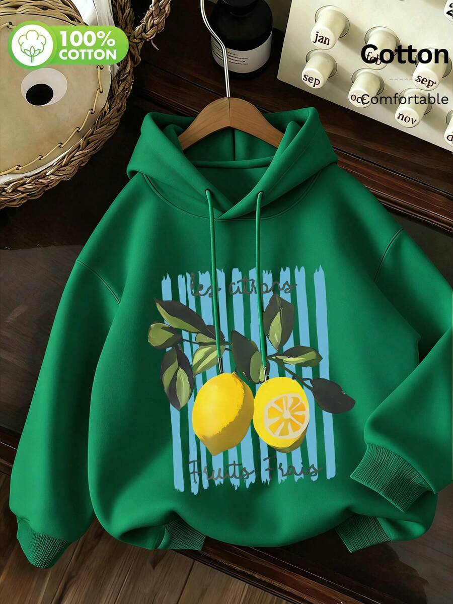 Spring/Summer Fresh Lemon Print Cotton Sweatshirt, New Spring/Summer Arrivals: Spring/Summer Sweatshirts, Spring/Summer Women's Clothing - Green - View 1