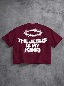 2026Manfinity  Boxy Cropped Loose Distressed Thorn Wreath "JESUS IS MY KING" Graphic White Short Sleeve T-Shirt (High Quality)Loose And Comfortable,Ca - 酒紅色 - 查看 12
