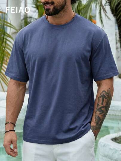 Áo thun nam FEIAO kiểu dáng cổ điển Mỹ, chất liệu pique trơn, mềm mại và thoải mái, cổ tròn, tay ngắn, thời trang và đa năng, phù hợp cho đi làm, mặc thường ngày và đi nghỉ mát.