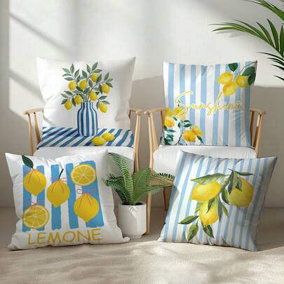 4 件套简约蓝条纹柠檬装饰枕套，单面印花，柔软桃绒面料，45*45 厘米，适用于房间装饰、室内沙发客厅装饰、派对装饰，装饰枕礼品