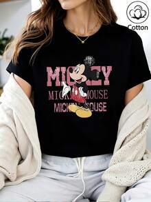Disney Loose Fit Vintage Style Repeated MICKEY MOUSE Letter Mickey Print T-Shirt, Suitable For Summer And Spring, Short Sleeved Top, Women's Clothing, Holiday Gift Party Clothing. - màu đen - Xem 1