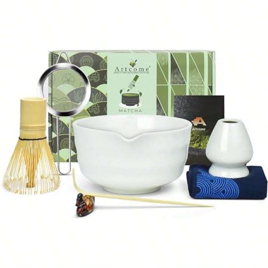 Artcome 7-Piece Matcha Tea Set - Complete Japanese Ceremony Kit With Bowl, Whisk, Scoop, Strainer & Guide, Green - White - 查看 1
