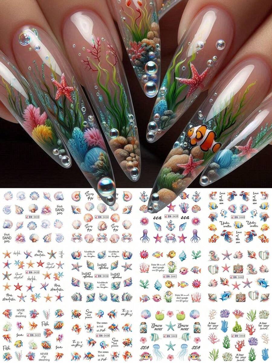 12款海洋生物水贴纸卡通夏季海鱼贝壳海藻美甲贴花可爱3D美甲转印水贴纸 - 彩色 - 查看 1