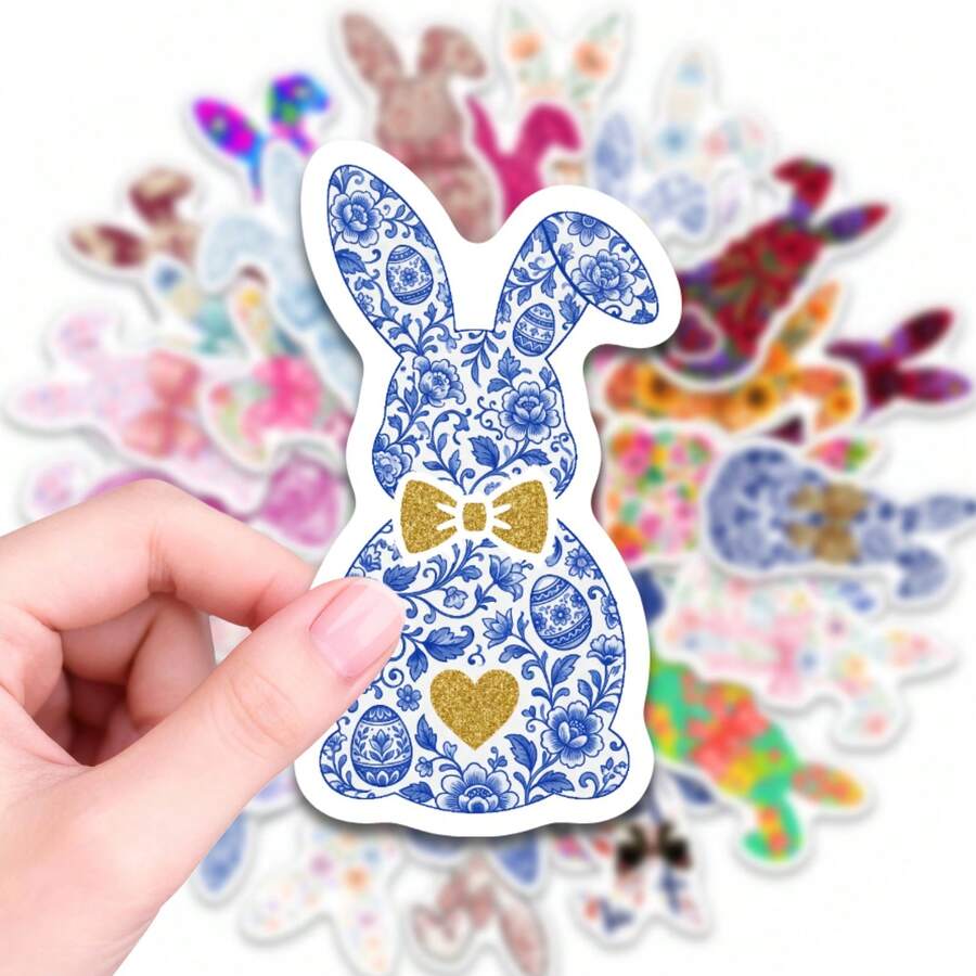 50 PCS Floral Easter Bunny Stickers – Watercolor Pink & Green Vinyl Decals For Laptops, Water Bottles & Journals | Elegant Floral Bunny Designs With Pink Bows For Easter Decor & DIY Crafts | Waterproof Stickers For Planners & Gift-Giving - Multicolor - View 1