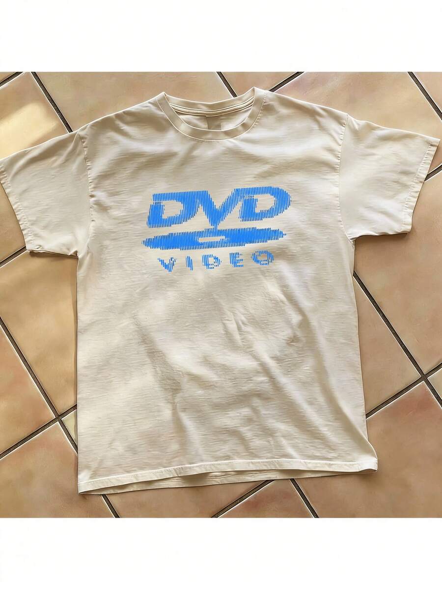 [100% Cotton] DVD Video Nostalgic Green Logo, Vintage Gaming Print T-Shirt, 2000s Aesthetic, Retro Good Shirts, Casual Round Neck Short Sleeve Pullover Tops For Spring / Summer / Fall -Unisex Women & Men's Campus Daily Wear - 杏色A - 查看 1