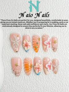 NAIO 10片/套 春夏手工按压式美甲贴片，夏季海滩主题美甲，棺材形/杏仁形/短方形甲片，Y2K 酷炫风格，裸色、黄色、粉色和白色，法式边，橙色渐变，浮雕花朵、贝壳和波浪图案，海星金属和水钻装饰，奶油质地，适合女性和女孩，派对、日常佩戴皆宜，附赠工具包，女士美甲用品、度假美甲的绝佳礼物，粘贴式假指甲套装，海洋主题礼物 - 彩色 - 查看 15